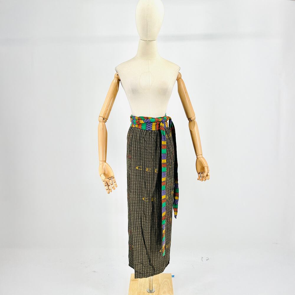 Vintage 90s VP Rayon Linen Black Ethnic Print Wrap Skirt One Size